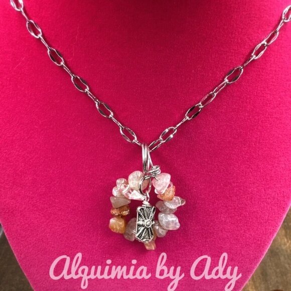 Peach  Aventurine  chunky pendant silver statement necklace - Picture 1 of 3